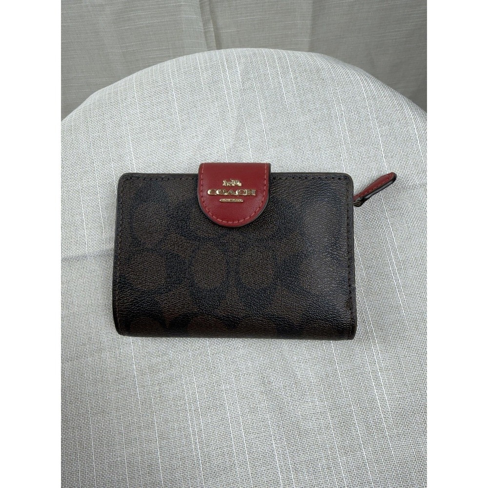 Coach Brown Signature Wallet with Red Trim